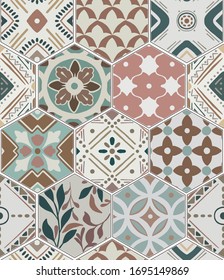 Luxury oriental tile seamless pattern in style of colorful floral patchwork boho chic with mandala in hexagon design elements. Flower ornament background with eastrn motif