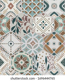 Luxury oriental tile seamless pattern in style of colorful floral patchwork boho chic with mandala in hexagon design elements. Flower ornament background with eastrn motif