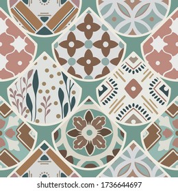 Lujoso patrón oriental sin fisuras en un estilo de mosaico colorido y florido, elegante con mandala en elementos de diseño triangular. Fondo ornamento vectorial de flores con motivo oriental