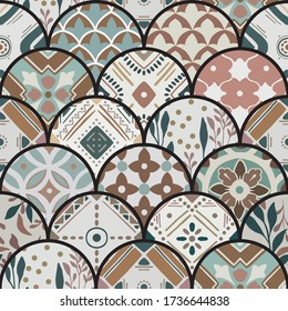 Luxuriöse orientalische Fliesen nahtlos Muster im Stil von bunten Blumenmuster boho chic mit mandala in halben runden Design Elemente. Hintergrund der Blumenvektor-Ornamente mit östlichem Motiv