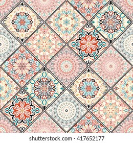 Luxury oriental tile seamless pattern. Colorful floral patchwork background. Mandala boho chic style. Rich flower ornament. Square design elements. Portuguese moroccan motif. Unusual flourish print.