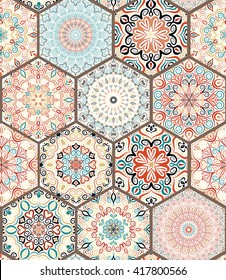 Luxury Oriental Tile Seamless Pattern. Colorful Floral Patchwork Background. Mandala Boho Chic Style. Rich Flower Ornament. Hexagon Design Elements. Portuguese Moroccan Motif. Unusual Flourish Print.