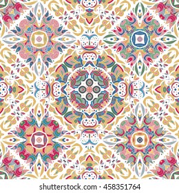Luxury oriental tile seamless pattern. Colorful floral patchwork background. Doodle flowers boho chic style. Rich flower ornament. Square design elements. Portuguese motif. Unusual flourish print.