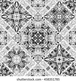 Luxury oriental tile seamless pattern. Colorful floral patchwork background. Mandala boho chic style. Rich flower ornament. Rhomb design elements. Portuguese moroccan motif. Unusual flourish print.