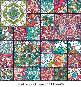 Luxury oriental tile seamless pattern. Colorful floral patchwork background. Mandala boho chic style. Rich flower ornament. Hexagon design elements. Portuguese moroccan motif. Vector illustration