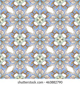 Luxury oriental tile  seamless pattern. Vintage flowers seamless ornament in gold and blue colors. Decorative ornament backdrop for fabric, textile, wrapping paper.