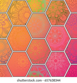 Luxury oriental tile seamless pattern. Colorful floral patchwork background. Mandala boho chic style. Rich flower ornament. Hexagon design elements. Portuguese moroccan motif. Unusual flourish print.
