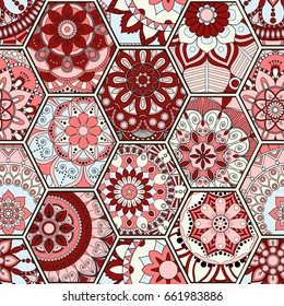 Luxury oriental tile seamless pattern. Colorful floral patchwork background. Mandala boho chic style. Rich flower ornament. Hexagon design elements. Portuguese moroccan motif. Unusual flourish print.