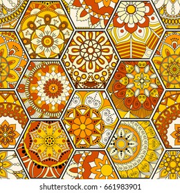 Luxury oriental tile seamless pattern. Colorful floral patchwork background. Mandala boho chic style. Rich flower ornament. Hexagon design elements. Portuguese moroccan motif. Unusual flourish print.