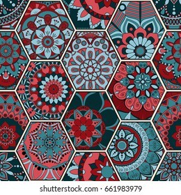 Luxury oriental tile seamless pattern. Colorful floral patchwork background. Mandala boho chic style. Rich flower ornament. Hexagon design elements. Portuguese moroccan motif. Unusual flourish print.