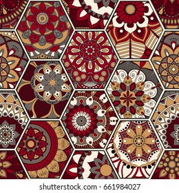 Luxury oriental tile seamless pattern. Colorful floral patchwork background. Mandala boho chic style. Rich flower ornament. Hexagon design elements. Portuguese moroccan motif. Unusual flourish print.
