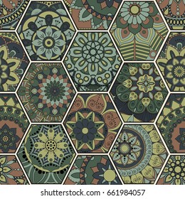 Luxury oriental tile seamless pattern. Colorful floral patchwork background. Mandala boho chic style. Rich flower ornament. Hexagon design elements. Portuguese moroccan motif. Unusual flourish print.
