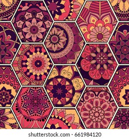 Luxury oriental tile seamless pattern. Colorful floral patchwork background. Mandala boho chic style. Rich flower ornament. Hexagon design elements. Portuguese moroccan motif. Unusual flourish print.