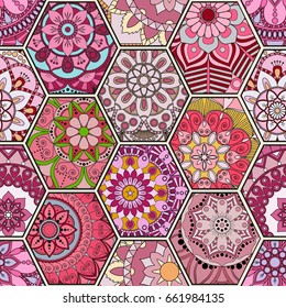 Luxury oriental tile seamless pattern. Colorful floral patchwork background. Mandala boho chic style. Rich flower ornament. Hexagon design elements. Portuguese moroccan motif. Unusual flourish print.