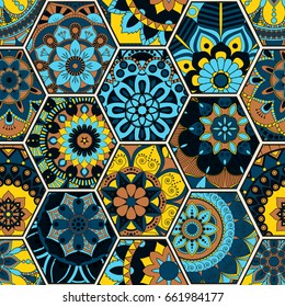 Luxury oriental tile seamless pattern. Colorful floral patchwork background. Mandala boho chic style. Rich flower ornament. Hexagon design elements. Portuguese moroccan motif. Unusual flourish print.