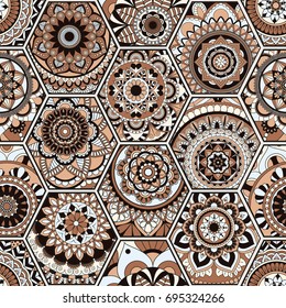 Luxury oriental tile seamless pattern. Colorful floral patchwork background. Mandala boho chic style. Rich flower ornament. Hexagon design elements. Portuguese moroccan motif. Unusual flourish print.