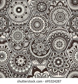 Luxury oriental tile seamless pattern. Colorful floral patchwork background. Mandala boho chic style. Rich flower ornament. Hexagon design elements. Portuguese moroccan motif. Unusual flourish print.