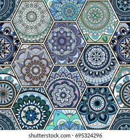 Luxury oriental tile seamless pattern. Colorful floral patchwork background. Mandala boho chic style. Rich flower ornament. Hexagon design elements. Portuguese moroccan motif. Unusual flourish print.