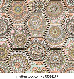 Luxury oriental tile seamless pattern. Colorful floral patchwork background. Mandala boho chic style. Rich flower ornament. Hexagon design elements. Portuguese moroccan motif. Unusual flourish print.