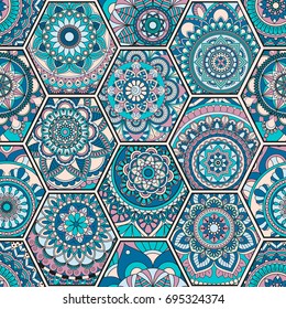 Luxury oriental tile seamless pattern. Colorful floral patchwork background. Mandala boho chic style. Rich flower ornament. Hexagon design elements. Portuguese moroccan motif. Unusual flourish print.