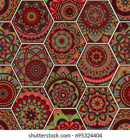 Luxury oriental tile seamless pattern. Colorful floral patchwork background. Mandala boho chic style. Rich flower ornament. Hexagon design elements. Portuguese moroccan motif. Unusual flourish print.