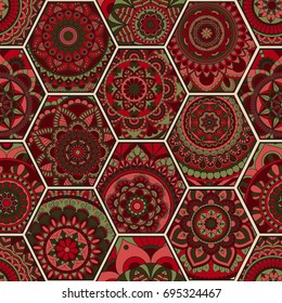 Luxury oriental tile seamless pattern. Colorful floral patchwork background. Mandala boho chic style. Rich flower ornament. Hexagon design elements. Portuguese moroccan motif. Unusual flourish print.
