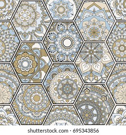 Luxury oriental tile seamless pattern. Colorful floral patchwork background. Mandala boho chic style. Rich flower ornament. Hexagon design elements. Portuguese moroccan motif. Unusual flourish print.