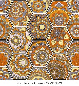 Luxury oriental tile seamless pattern. Colorful floral patchwork background. Mandala boho chic style. Rich flower ornament. Hexagon design elements. Portuguese moroccan motif. Unusual flourish print.
