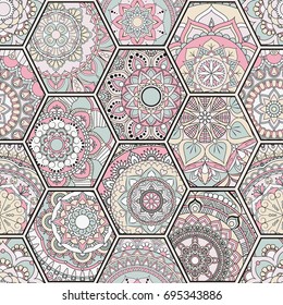 Luxury oriental tile seamless pattern. Colorful floral patchwork background. Mandala boho chic style. Rich flower ornament. Hexagon design elements. Portuguese moroccan motif. Unusual flourish print.