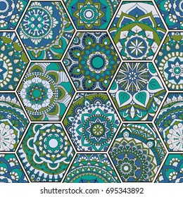 Luxury oriental tile seamless pattern. Colorful floral patchwork background. Mandala boho chic style. Rich flower ornament. Hexagon design elements. Portuguese moroccan motif. Unusual flourish print.
