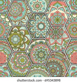 Luxury oriental tile seamless pattern. Colorful floral patchwork background. Mandala boho chic style. Rich flower ornament. Hexagon design elements. Portuguese moroccan motif. Unusual flourish print.