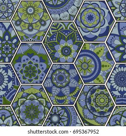 Luxury oriental tile seamless pattern. Colorful floral patchwork background. Mandala boho chic style. Rich flower ornament. Hexagon design elements. Portuguese moroccan motif. Unusual flourish print.