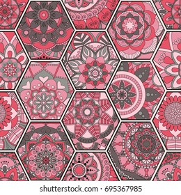 Luxury oriental tile seamless pattern. Colorful floral patchwork background. Mandala boho chic style. Rich flower ornament. Hexagon design elements. Portuguese moroccan motif. Unusual flourish print.