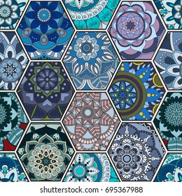 Luxury oriental tile seamless pattern. Colorful floral patchwork background. Mandala boho chic style. Rich flower ornament. Hexagon design elements. Portuguese moroccan motif. Unusual flourish print.