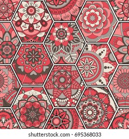 Luxury oriental tile seamless pattern. Colorful floral patchwork background. Mandala boho chic style. Rich flower ornament. Hexagon design elements. Portuguese moroccan motif. Unusual flourish print.