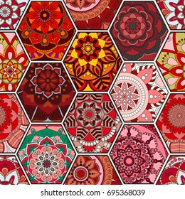 Luxury oriental tile seamless pattern. Colorful floral patchwork background. Mandala boho chic style. Rich flower ornament. Hexagon design elements. Portuguese moroccan motif. Unusual flourish print.