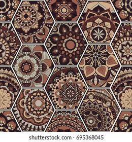 Luxury oriental tile seamless pattern. Colorful floral patchwork background. Mandala boho chic style. Rich flower ornament. Hexagon design elements. Portuguese moroccan motif. Unusual flourish print.