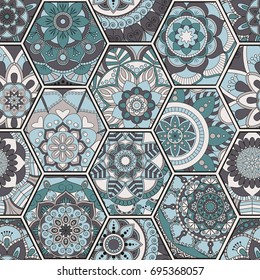 Luxury oriental tile seamless pattern. Colorful floral patchwork background. Mandala boho chic style. Rich flower ornament. Hexagon design elements. Portuguese moroccan motif. Unusual flourish print.