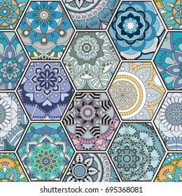 Luxury oriental tile seamless pattern. Colorful floral patchwork background. Mandala boho chic style. Rich flower ornament. Hexagon design elements. Portuguese moroccan motif. Unusual flourish print.