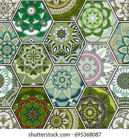 Luxury oriental tile seamless pattern. Colorful floral patchwork background. Mandala boho chic style. Rich flower ornament. Hexagon design elements. Portuguese moroccan motif. Unusual flourish print.