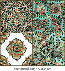 Luxury oriental tile seamless pattern. Colorful floral patchwork background. Mandala boho chic style. Rich flower ornament. Hexagon design elements. Portuguese moroccan motif. Vector illustration