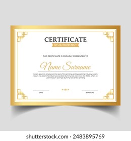 Luxury ornament certificate template with elegant golden border frame, Diploma design for graduation or completion