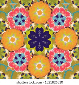 Luxury ornament in Eastern style. Ornate decor seamless pattern for invitations, greeting cards, labels, badges, tags. Vector elements for templates in yellow, pink and orange colors.