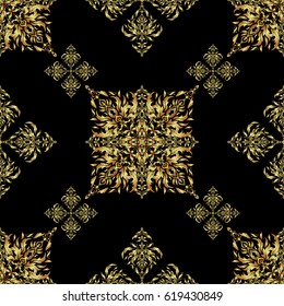 Luxury ornament in Eastern style. Ornate decor for invitations, greeting cards, labels, badges, tags. Golden floral seamless pattern on black. Vector elements for golden templates.