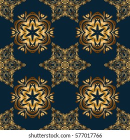 Luxury ornament in Eastern style. Vector elements for golden templates. Ornate decor for invitations, greeting cards, labels, badges, tags. Golden floral seamless pattern on blue.