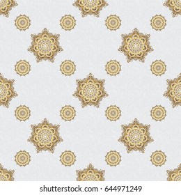 Luxury ornament in Eastern style. Vector elements for golden templates. Ornate decor for invitations, greeting cards, labels, badges, tags. Golden floral seamless pattern on gray.