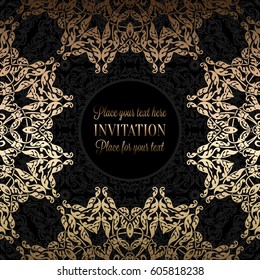 Luxury ornament, lace in antique black and gold colors with vintage frame, victorian style invitation, wedding or greeting card, baroque background pattern, rich golden decor, perfect design template.