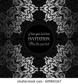 Luxury ornament, lace in antique black and silver colors with vintage frame, victorian style invitation, wedding or greeting card, baroque background pattern, rich silver decor