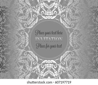 Luxury ornament, lace in antique gray and silver colors with vintage frame, victorian style invitation, wedding or greeting card, baroque background pattern, rich silver decor,perfect design template.