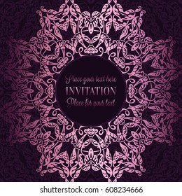 Luxury ornament, lace in antique purple and pink colors with vintage frame, victorian style invitation, wedding or greeting card, baroque background pattern, rich decor, perfect design template.